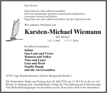 Anzeige  Karsten-Michael Wiemann  Lippische Landes-Zeitung