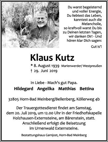 Anzeige  Klaus Kutz  Lippische Landes-Zeitung