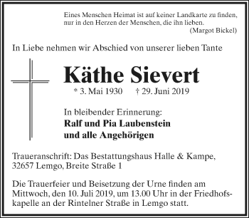 Anzeige  Käthe Sievert  Lippische Landes-Zeitung