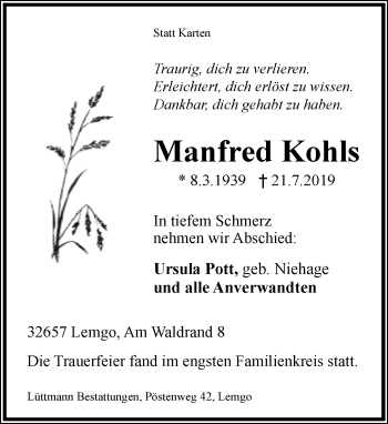 Anzeige  Manfred Kohls  Lippische Landes-Zeitung
