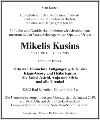 Anzeige  Mikelis Kusins  Lippische Landes-Zeitung