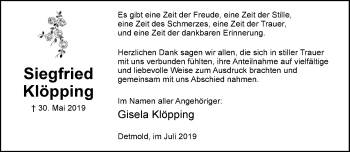 Anzeige  Siegfried Klöpping  Lippische Landes-Zeitung
