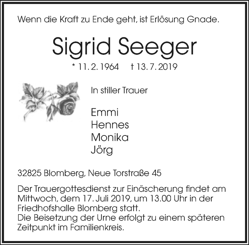  Traueranzeige für Sigrid Seeger vom 16.07.2019 aus Lippische Landes-Zeitung