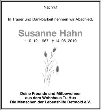 Anzeige  Susanne Hahn  Lippische Landes-Zeitung