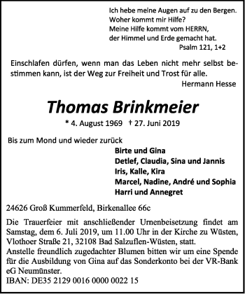 Anzeige  Thomas Brinkmeier  Lippische Landes-Zeitung