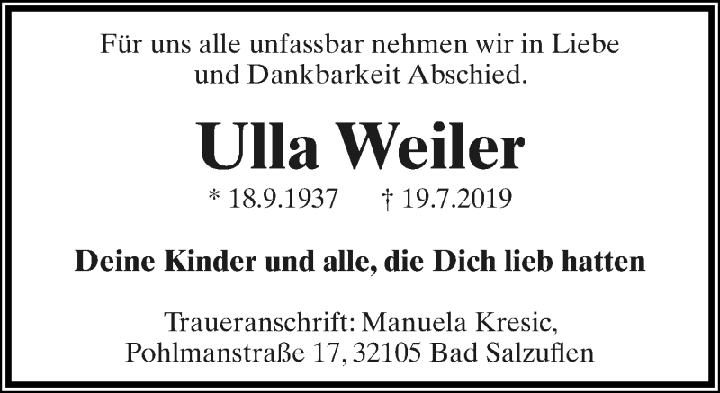  Traueranzeige für Ulla Weiler vom 27.07.2019 aus Lippische Landes-Zeitung