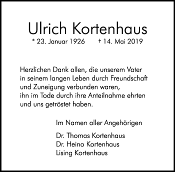 Anzeige  Ulrich Kortenhaus  Lippische Landes-Zeitung