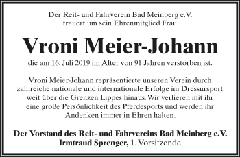 Anzeige  Vroni Meier-Johann  Lippische Landes-Zeitung