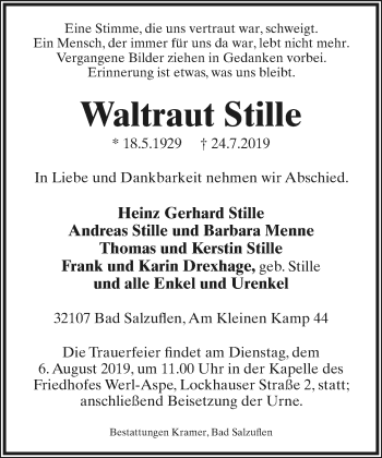 Anzeige  Waltraut Stille  Lippische Landes-Zeitung