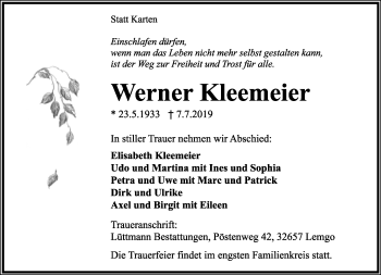 Anzeige  Werner Kleemeier  Lippische Landes-Zeitung