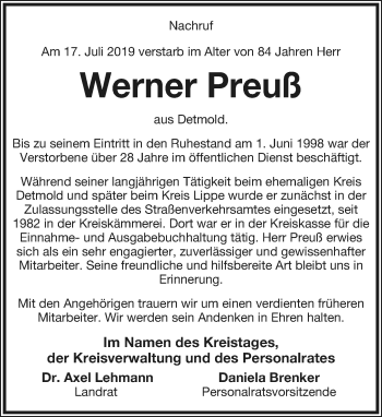 Anzeige  Werner Preuß  Lippische Landes-Zeitung