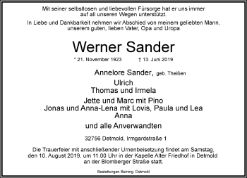 Anzeige  Werner Sander  Lippische Landes-Zeitung
