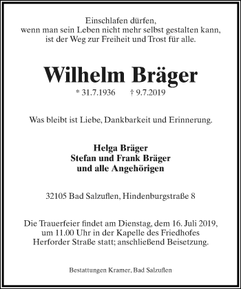 Anzeige  Wilhelm Bräger  Lippische Landes-Zeitung