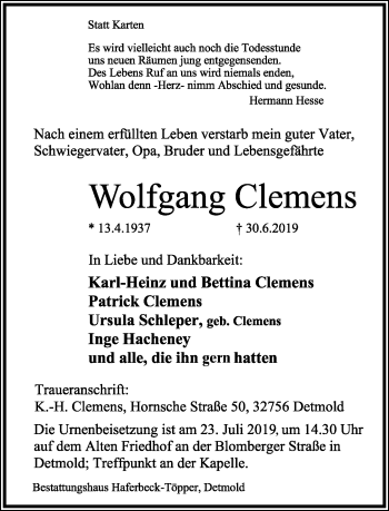 Anzeige  Wolfgang Clemens  Lippische Landes-Zeitung