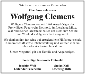 Anzeige  Wolfgang Clemens  Lippische Landes-Zeitung