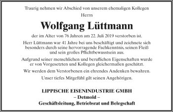 Anzeige  Wolfgang Lüttmann  Lippische Landes-Zeitung
