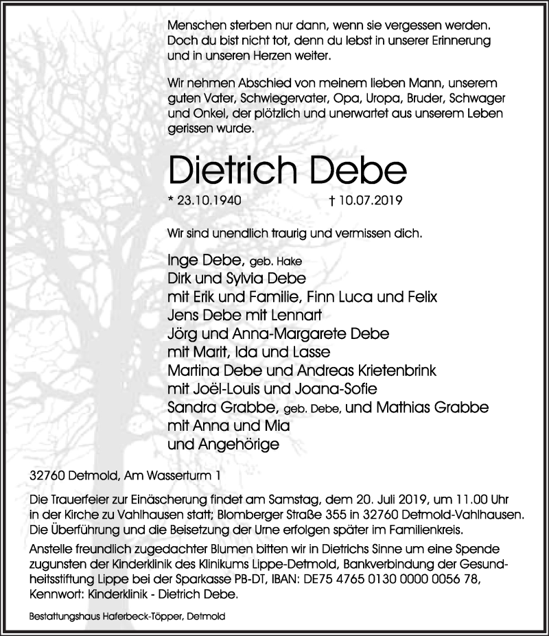  Traueranzeige für Dietrich Debe vom 18.07.2019 aus Lippische Landes-Zeitung