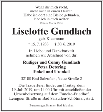 Anzeige  Lieselotte Gundlach  Lippische Landes-Zeitung