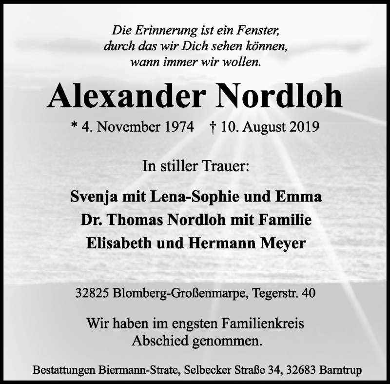  Traueranzeige für Alexander Nordloh vom 21.08.2019 aus Lippische Landes-Zeitung