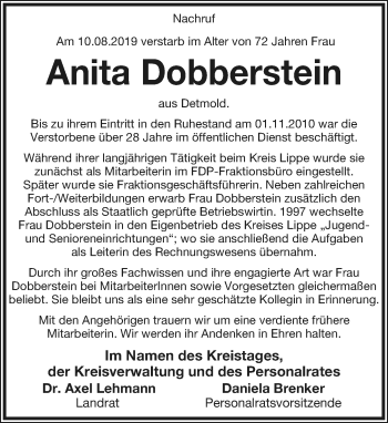 Anzeige  Anita Dobberstein  Lippische Landes-Zeitung