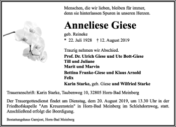 Anzeige  Anneliese Giese  Lippische Landes-Zeitung