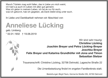 Anzeige  Anneliese Lücking  Lippische Landes-Zeitung