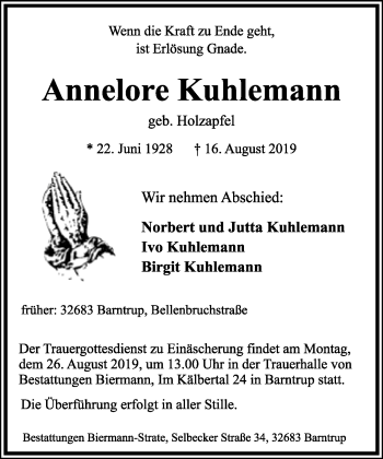 Anzeige  Annelore Kuhlemann  Lippische Landes-Zeitung