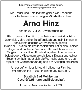 Anzeige  Arno Hinz  Lippische Landes-Zeitung