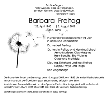 Anzeige  Barbara Freitag  Lippische Landes-Zeitung