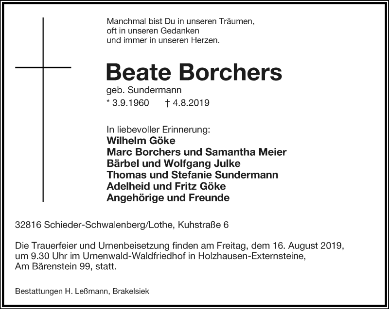  Traueranzeige für Beate Borchers vom 10.08.2019 aus Lippische Landes-Zeitung