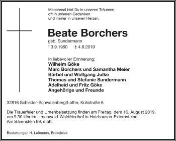 Anzeige  Beate Borchers  Lippische Landes-Zeitung