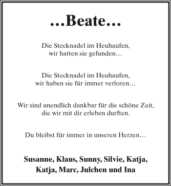 Anzeige  Beate Borchers  Lippische Landes-Zeitung