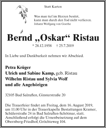 Anzeige  Bernd Ristau  Lippische Landes-Zeitung