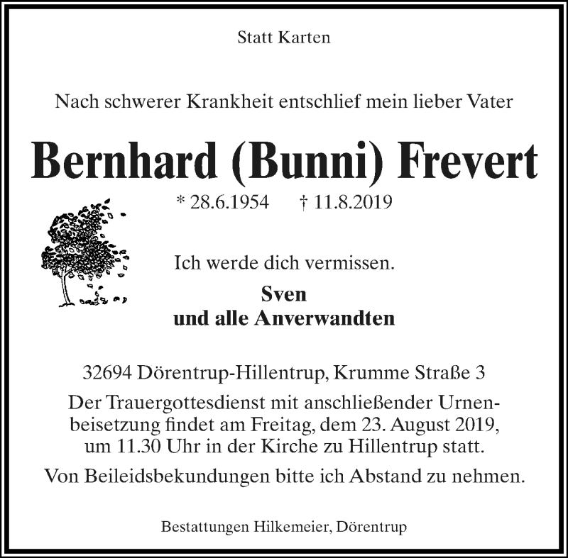  Traueranzeige für Bernhard Frevert vom 19.08.2019 aus Lippische Landes-Zeitung