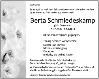 Anzeige  Berta Schmiedeskamp  Lippische Landes-Zeitung
