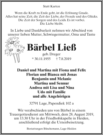 Anzeige  Bärbel Ließ  Lippische Landes-Zeitung