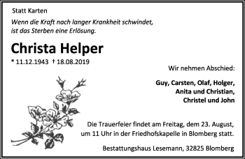 Anzeige  Christa Helper  Lippische Landes-Zeitung