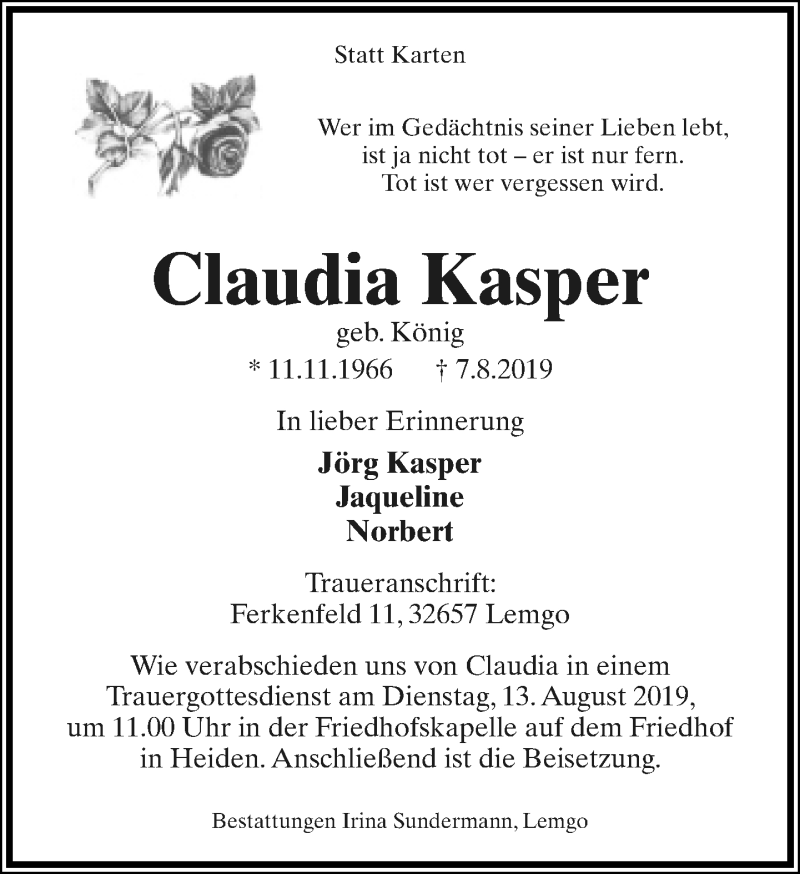  Traueranzeige für Claudia Kasper vom 10.08.2019 aus Lippische Landes-Zeitung