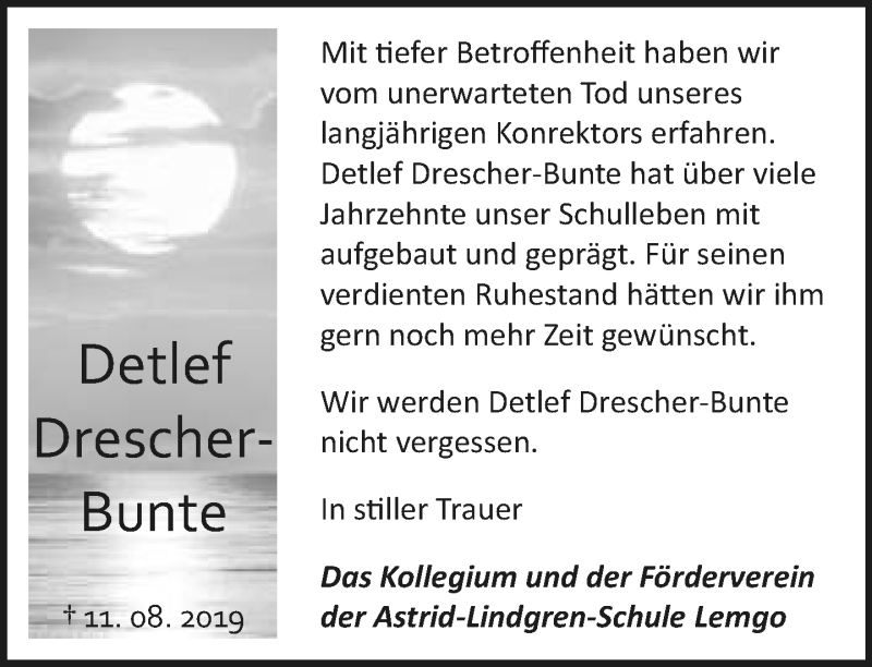  Traueranzeige für Detlef Drescher-Bunte vom 24.08.2019 aus Lippische Landes-Zeitung