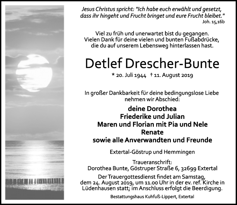  Traueranzeige für Detlef Drescher-Bunte vom 17.08.2019 aus Lippische Landes-Zeitung