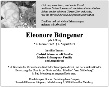 Anzeige  Eleonore Büngener  Lippische Landes-Zeitung