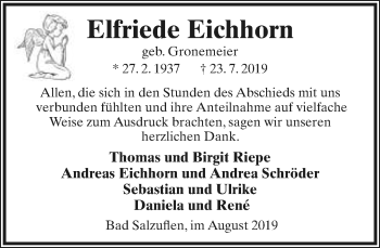 Anzeige  Elfriede Eichhorn  Lippische Landes-Zeitung