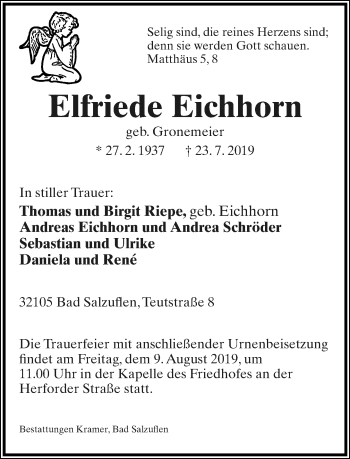 Anzeige  Elfriede Eichhorn  Lippische Landes-Zeitung