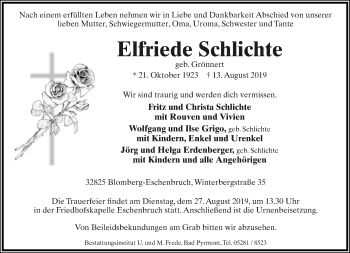Anzeige  Elfriede Schlichte  Lippische Landes-Zeitung