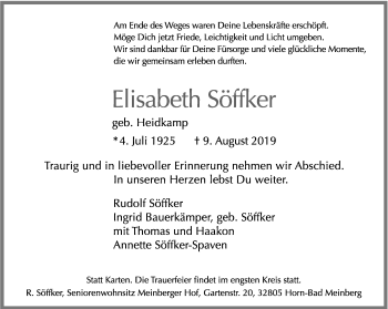 Anzeige  Elisabeth Söffker  Lippische Landes-Zeitung