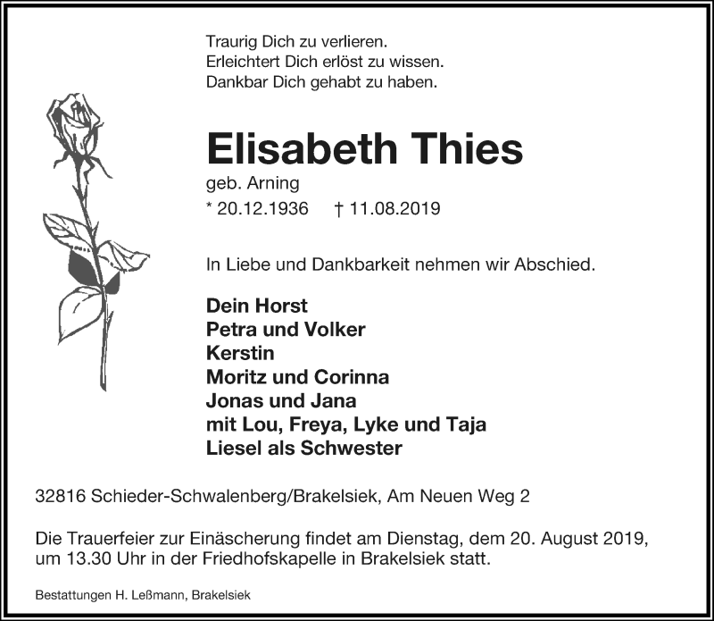  Traueranzeige für Elisabeth Thies vom 17.08.2019 aus Lippische Landes-Zeitung