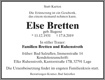 Anzeige  Else Bretten  Lippische Landes-Zeitung