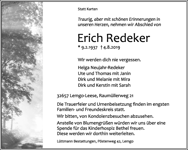  Traueranzeige für Erich Redeker vom 10.08.2019 aus Lippische Landes-Zeitung