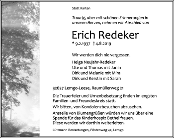 Anzeige  Erich Redeker  Lippische Landes-Zeitung