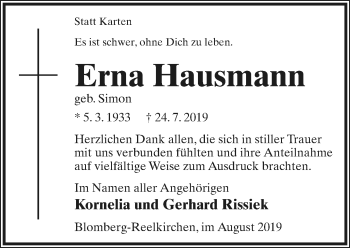 Anzeige  Erna Hausmann  Lippische Landes-Zeitung